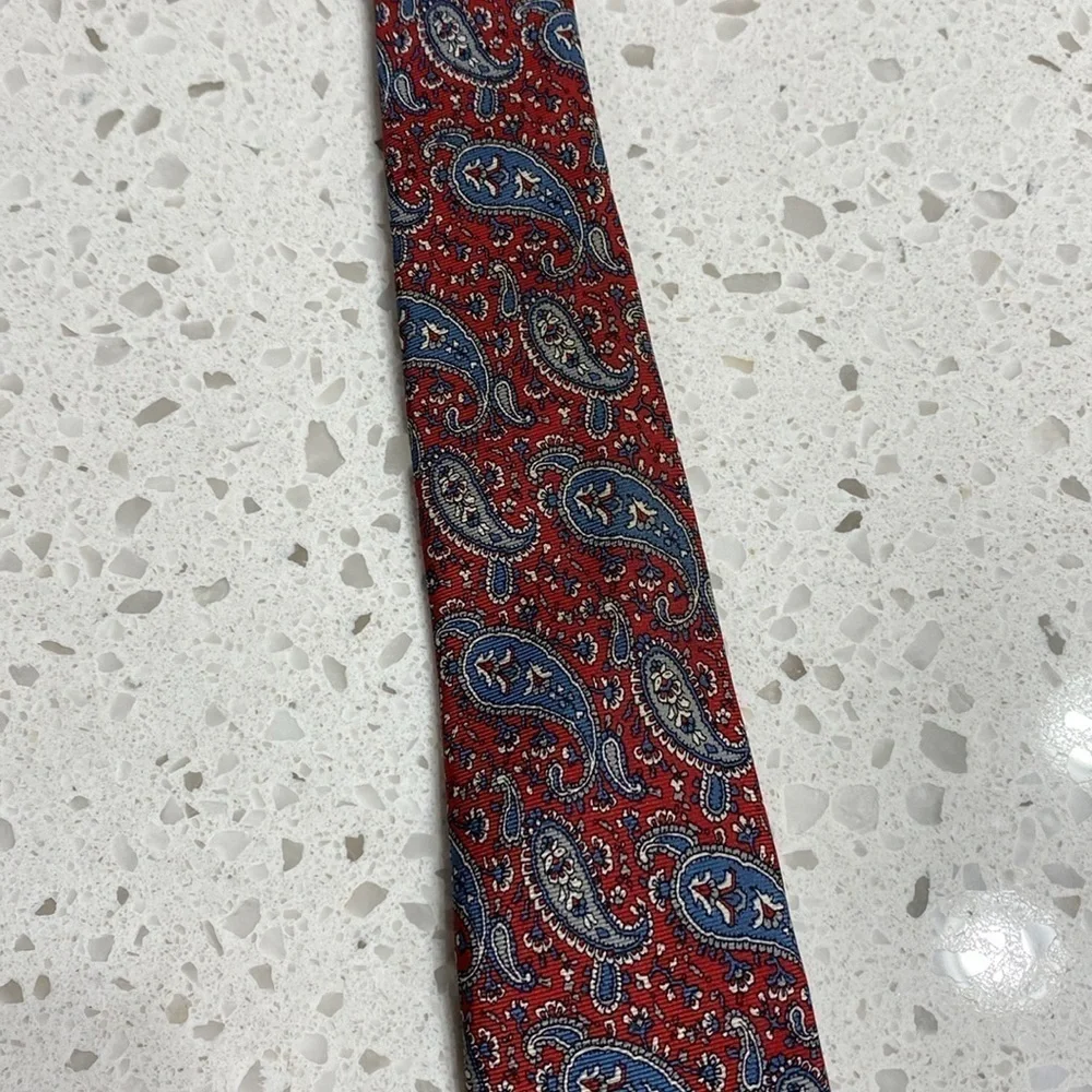 Christian Dior Paisley Silk Tie blue paisley on red background L 59” made in USA